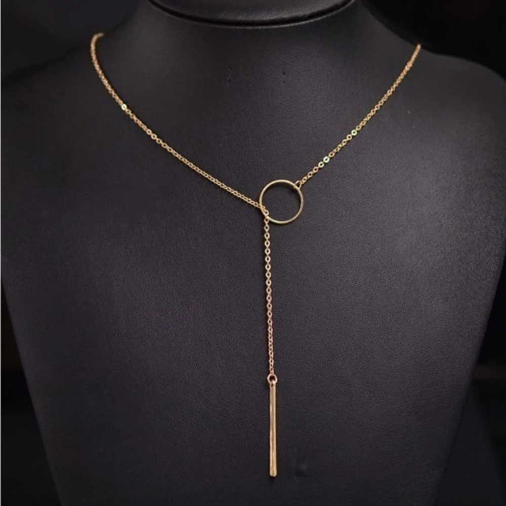 Gold Y Lariat Necklace Minimalist Circle Drop Pendant Dainty Layered - Picture 3 of 3